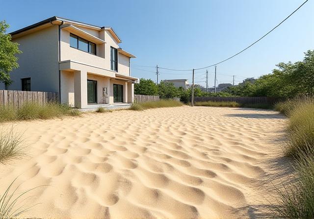 淡路市のモダンな住宅の隣に広がる、何も活用されていない砂地の広い敷地。