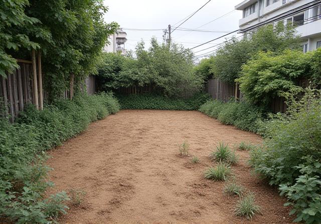 神戸市垂水区の造園前の荒れた庭の様子。土が露出し、植物が少ない。